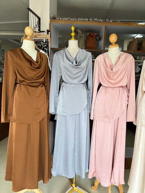 High Quality Elgant Ladies Cowl Neck Waist Tie Tops With Long skirts